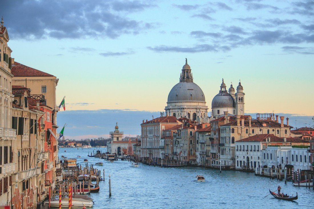 Venice waterfront with historic buildings and gondolas